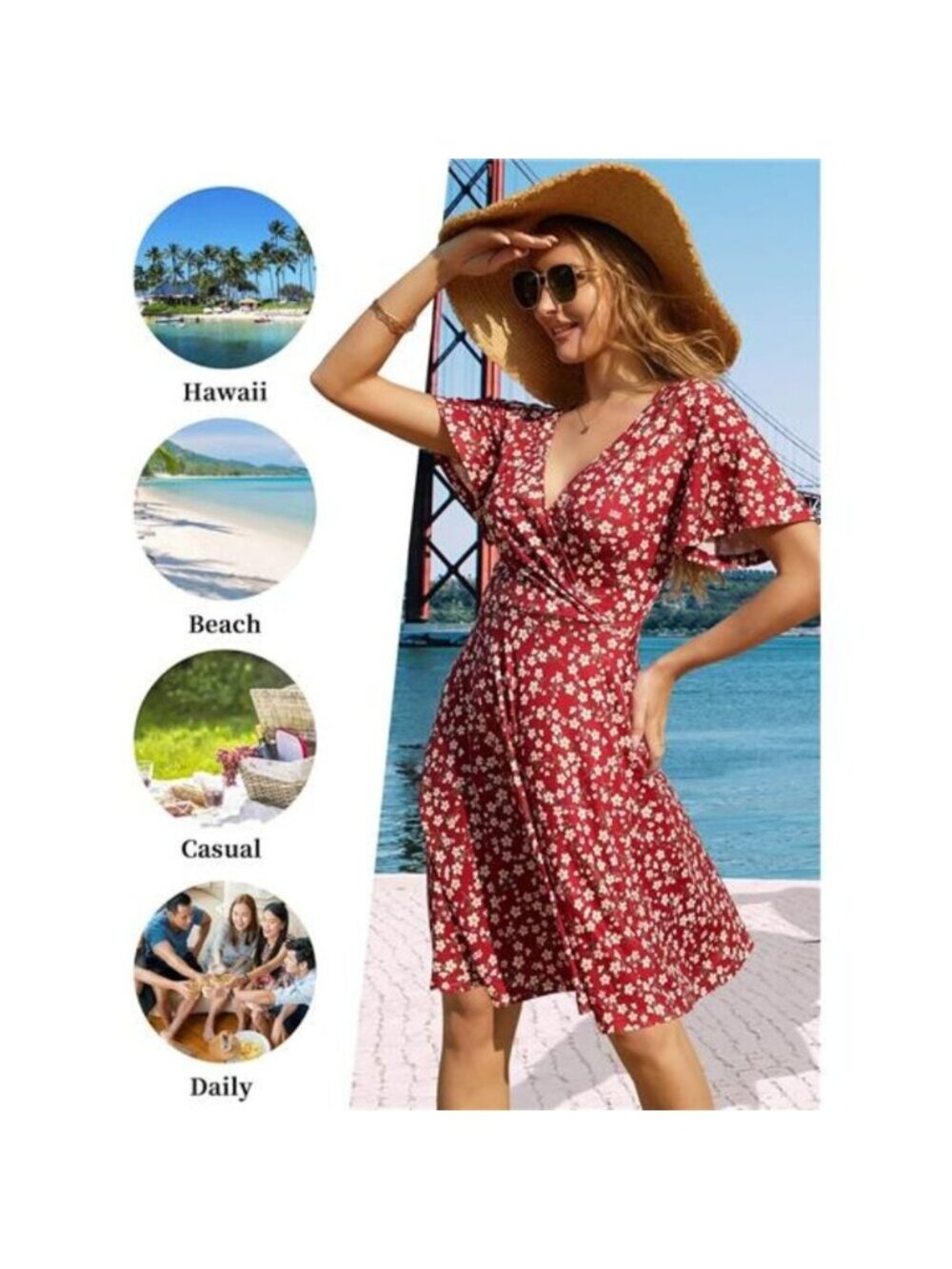 Women's Sundress Summer Floral Short Sleeve Wrap V Neck A-Line Midi Dress, Blue - Picture 4 of 4